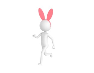 Stick Man Wearing Pink Bunny Headband character running in 3d rendering.