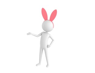 Stick Man Wearing Pink Bunny Headband character open hand palm in 3d rendering.