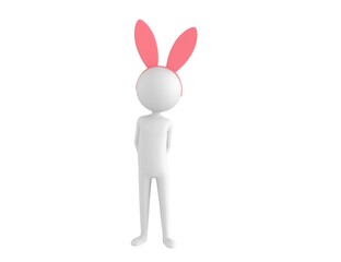 Stick Man Wearing Pink Bunny Headband character hides his hands behind his back in 3d rendering.