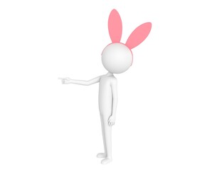 Stick Man Wearing Pink Bunny Headband character pointing index finger to the left in 3d rendering.