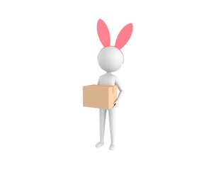 Stick Man Wearing Pink Bunny Headband character carrying a package in 3d rendering.
