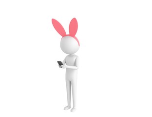 Stick Man Wearing Pink Bunny Headband character types text message on cell phone in 3d rendering.