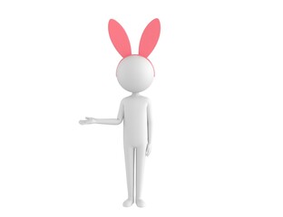 Stick Man Wearing Pink Bunny Headband character looking to camera and pointing hand to the side in 3d rendering.