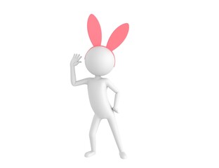 Stick Man Wearing Pink Bunny Headband character hold hand near ear listening rumors in 3d rendering.
