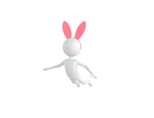 Stick Man Wearing Pink Bunny Headband character flying in 3d rendering.