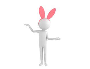 Stick Man Wearing Pink Bunny Headband character choosing between two alternatives in 3d rendering.