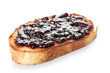 Piece of toasted bread with jam isolated on white background