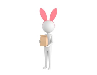 Stick Man Wearing Pink Bunny Headband character holding paper containers for takeaway food in 3d rendering.