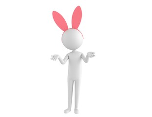Stick Man Wearing Pink Bunny Headband character spreading his two hands and looking to camera in 3d rendering.