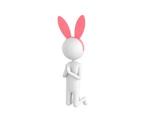 Stick Man Wearing Pink Bunny Headband character kneeling and pray in 3d rendering.