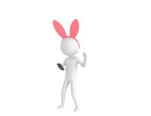 Stick Man Wearing Pink Bunny Headband character looking his phone and doing winner gesture with fists up in 3d rendering.