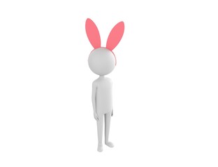 Stick Man Wearing Pink Bunny Headband character standing and look up to camera in 3d rendering.