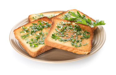Plate of toasted garlic bread with parsley on white background