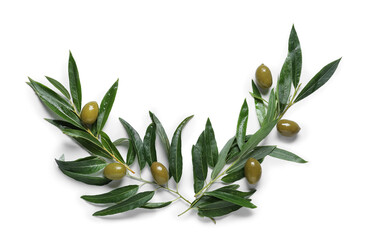 Green olives with leaves on white background