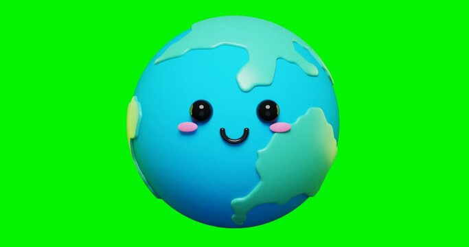Looped 3d cartoon adorable earth emoji with green screen.