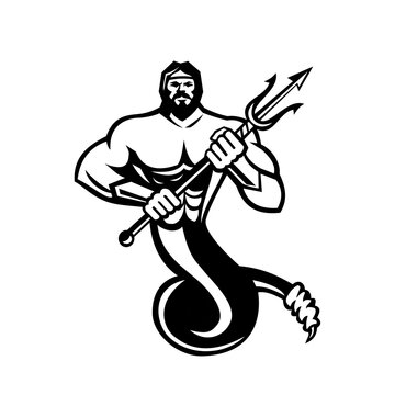 Typhoeus Holding Trident Mascot Black and White