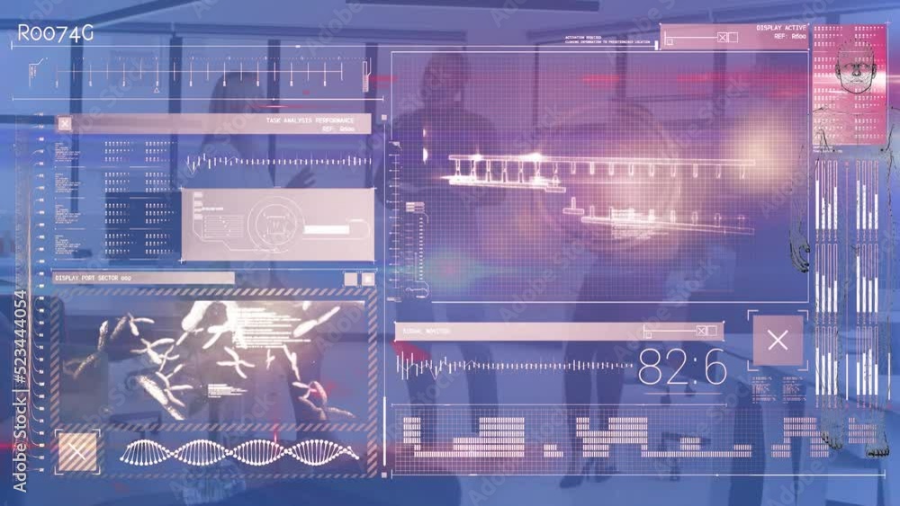 Poster animation of data processing on digital interface, caucasian businessman with colleagues in office