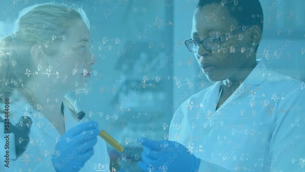 Poster Animation of mathematical formulas over diverse scientists with test tubes discussing in laboratory