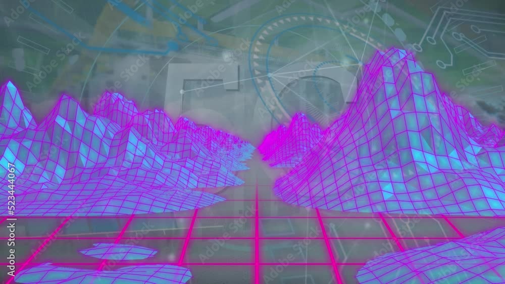 Poster animation of mountain and grid pattern with 5g text and abstract patterns against built structure