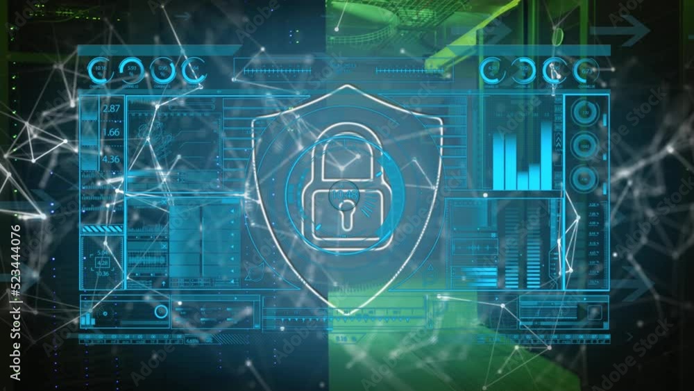 Aufkleber animation of lock in shield, infographic interface with connecting dots over data center