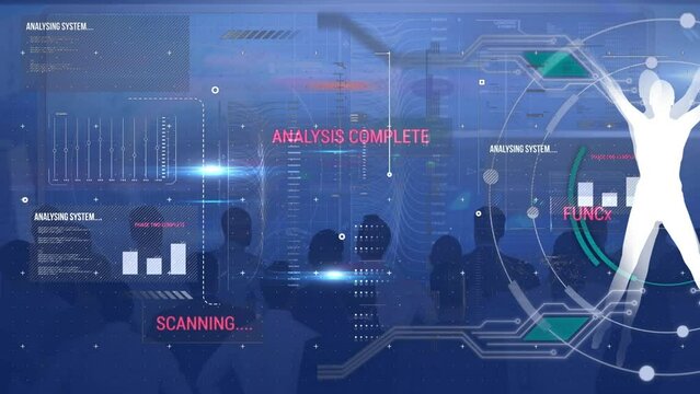 Animation of multiracial business team looking at data scanning with human icon on digital interface