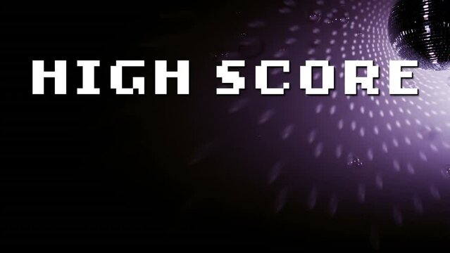 Animation of high score text against disco ball rotating with bright rays on black background