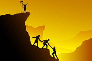 Group businessmale celebrate success at the top of the mountain in a majestic sunrise and a group of climbing friends help hike up. Teamwork, help, success, winner and leadership concept. - obrazy, fototapety, plakaty