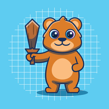 Cute bear holding a wooden sword vector illustration. Flat cartoon style.