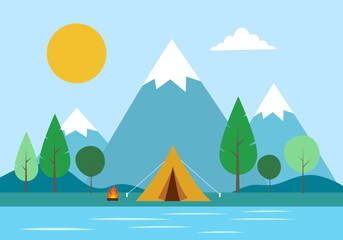 Forest camping concept vector illustration. Tent with mountains in flat design.