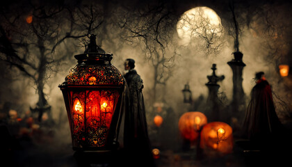 Fototapeta na wymiar Lantern illustration for halloween festival. Vampire in Scary Cemetery background. realistic halloween festival illustration. The background has a blur that mimics a photograph 