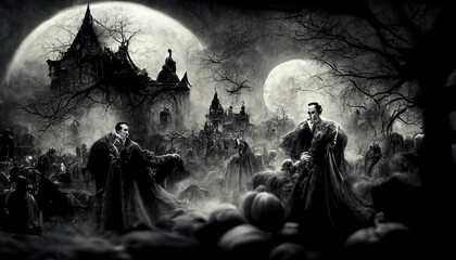 Lantern illustration for halloween festival. Vampire in Scary Cemetery background. realistic halloween festival illustration. The background has a blur that mimics a photograph 
