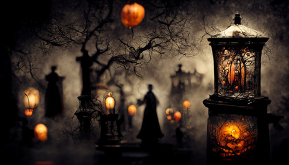 Lantern illustration for halloween festival. Vampire in Scary Cemetery background. realistic halloween festival illustration. The background has a blur that mimics a photograph 