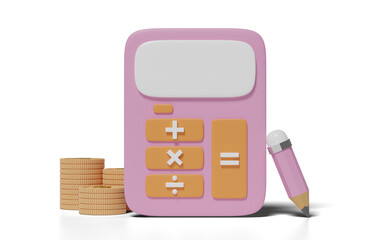 3d pink calculator icon with money dollar coin stack for accounting finance, pencil isolated. screen template minimal, saving money concept, 3d render illustration