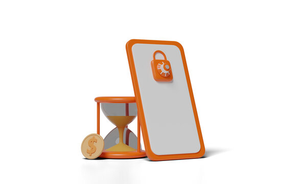 3d orange mobile phone, smartphone icon with money dollar coin, hourglass, padlock, key isolated. screen phone template, empty cellphone mockup concept, 3d render