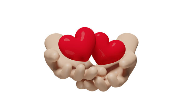3d cartoon two hands holding red heart isolated. health love or world heart day concept, 3d render illustration