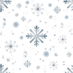 Watercolor hand drawn seamless pattern with blue winter snowflakes, snowballs, dots, doodles, spots and splash isolated on white background. New year and Christmas simple backdrop.