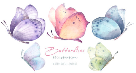 Watercolor hand drawn set with illustration of colorful exotic butterflies. Pink, blue, yellow, green elements isolated on white background. Spring and summer collection