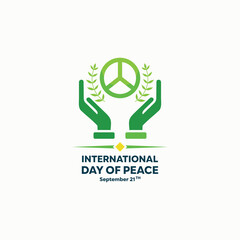 Man hand gesturing peace sign V with pigeon and olive branch and text happy peace day vector illustration. International peace day concept. Annual holiday celebration. Nonviolence symbol