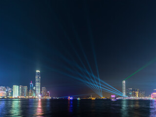 Laser show in Victoria harbor of Hong Kong city