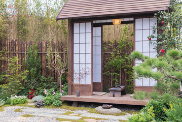 Japanese house and flower garden