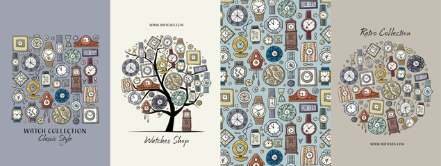 Clocks and watches in different style. Retro and modern collection. Set of 4 concept art for your design project - cards, banners, poster, web, print, social media, promotional materials. Vector