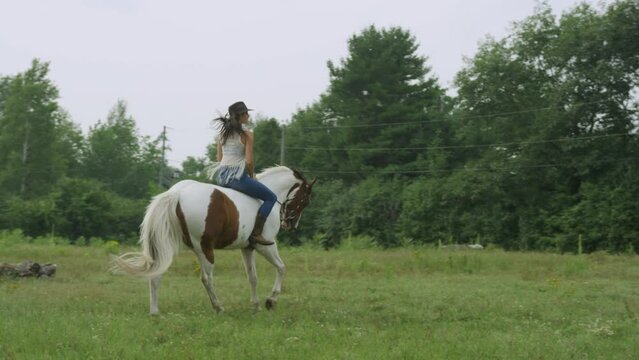Confident female horse rider riding a horse bareback through a field. Slow motion wide shot, panning to follow the rider.