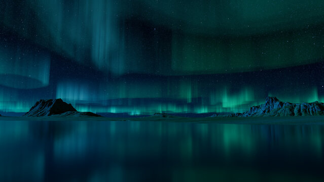 Beautiful Sky with Aurora and Stars. Blue Northern Lights Background with copy-space.