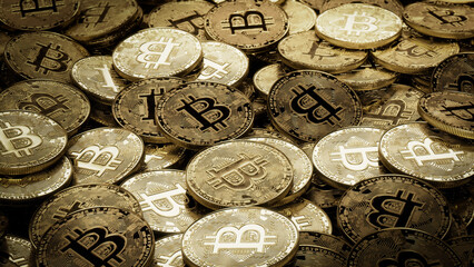 Bitcoin Cryptocurrency represented as Gold Coins. Future Money Wallpaper. 3D Render.