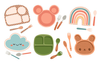 Kid tableware set children dish flat design vector