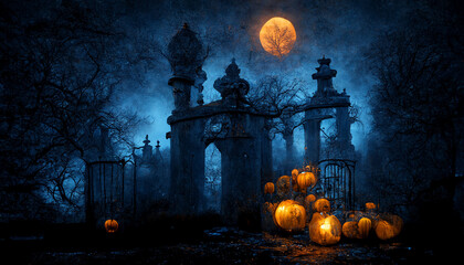 Fototapeta na wymiar Door to cemetery with jack o lantern. realistic halloween festival illustration. Halloween night pictures for wall paper or computer screen.