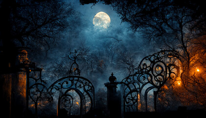 Door to cemetery with jack o lantern. realistic halloween festival illustration. Halloween night pictures for wall paper or computer screen.
