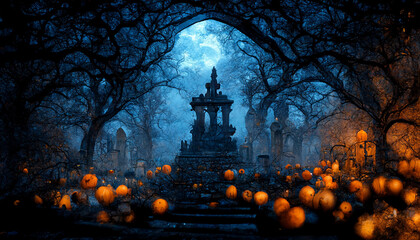 Door to cemetery with jack o lantern. realistic halloween festival illustration. Halloween night pictures for wall paper or computer screen.