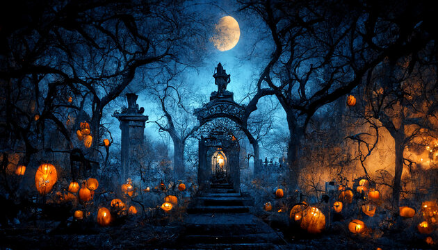 Door to cemetery with jack o lantern. realistic halloween festival illustration. Halloween night pictures for wall paper or computer screen.