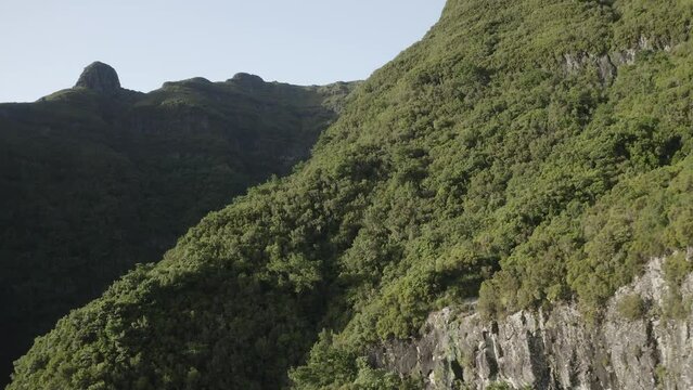 Drone shot over Caminho Do Pinaculo in Madeira during sunny summer day
